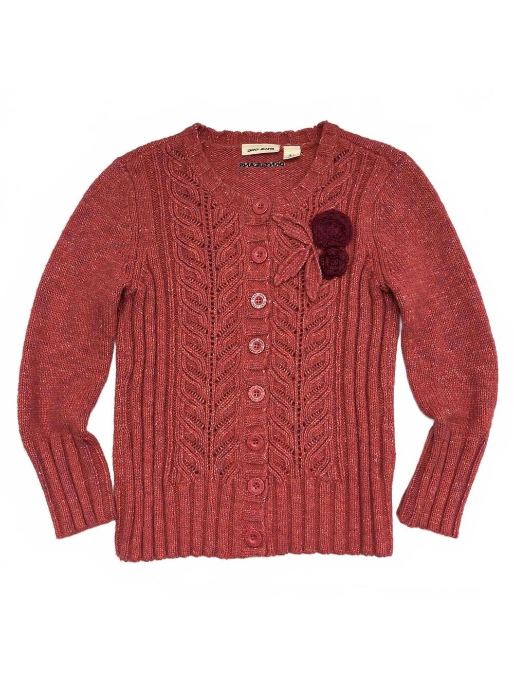 DKNY Coral Pink Cable Knit Buttoned Cardigan With Flower Embroidery Sz S